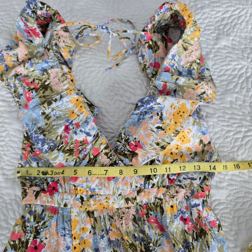 Reformation Reina Floral Ruffle V-Neck Open Back Midi Dress Multi-Color Size 2 - Picture 8 of 8